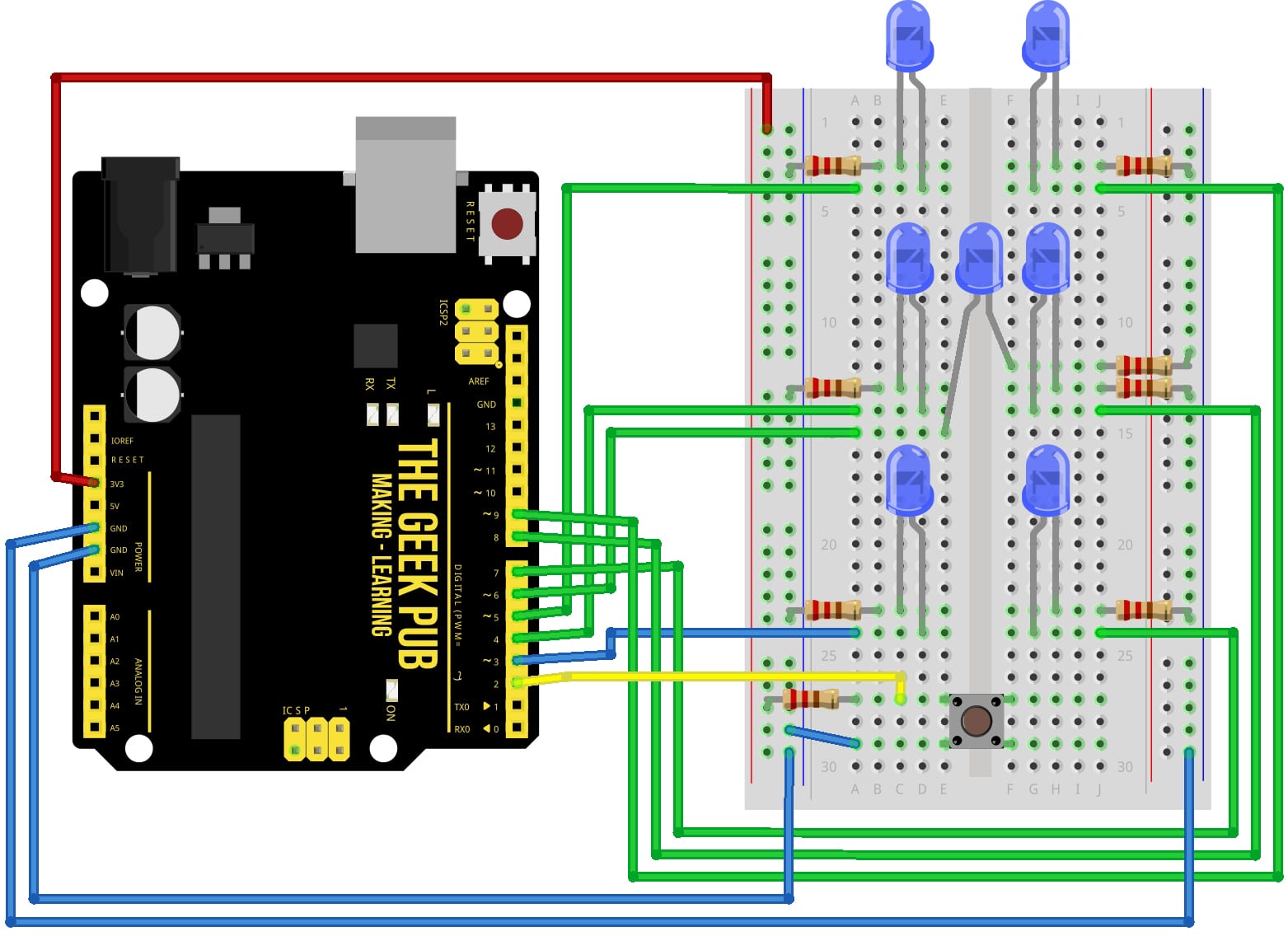 Arduino骰子电路接线图